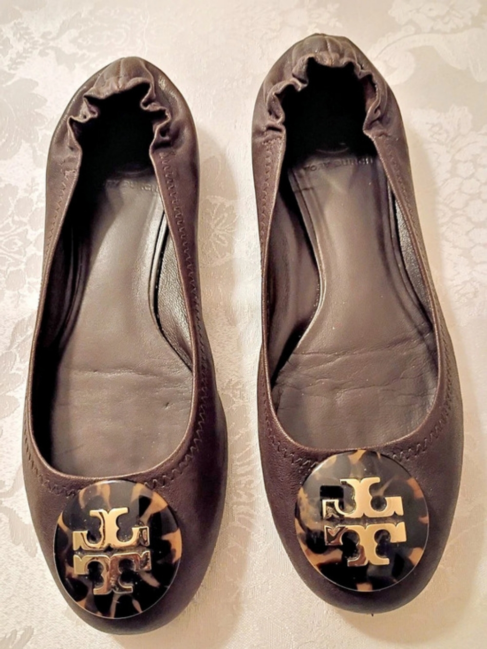 Tory Burch Reva Ballet Flat Brown Leather Tortoise Shell Logo Women's Sz 8